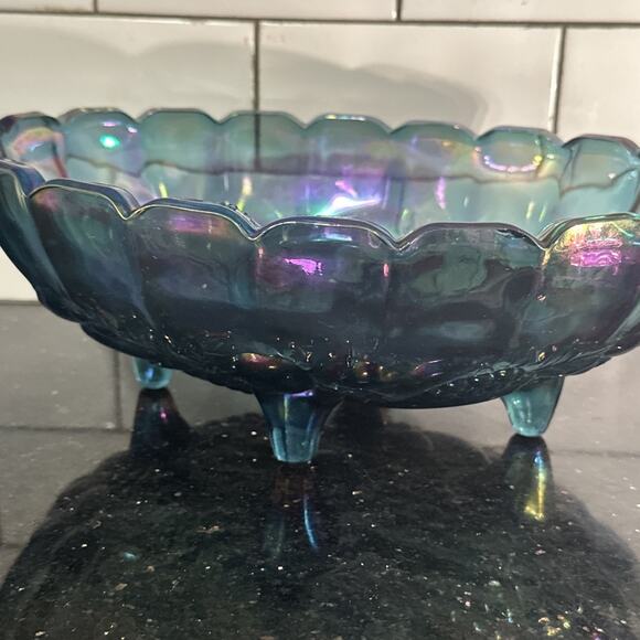 VTG Carnival Glass Blue Iridescent Purple Console Centerpiece Bowl Harvest Grape - Picture 1 of 16